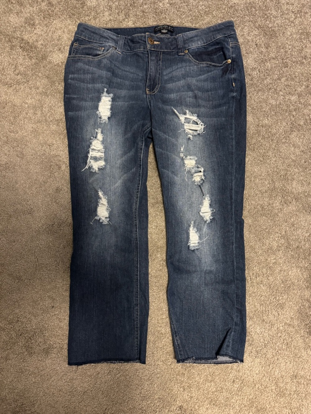 Forever 21 Distressed Dark Blue Straight Leg Jeans